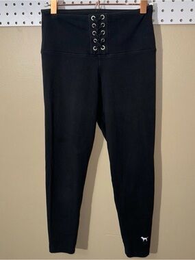 PINK Victoria’s Secret Black Lace-Up High-Waist Cotton Capri Leggings